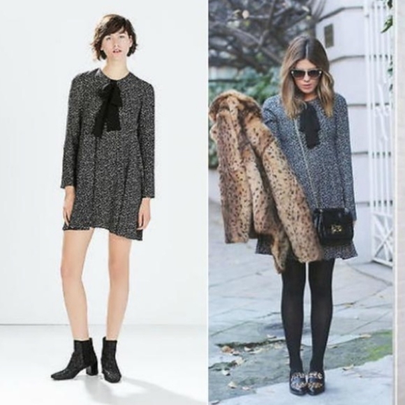 Zara Black Mini Dress, Star Print, Bowtie Neck, XS - Picture 1 of 7